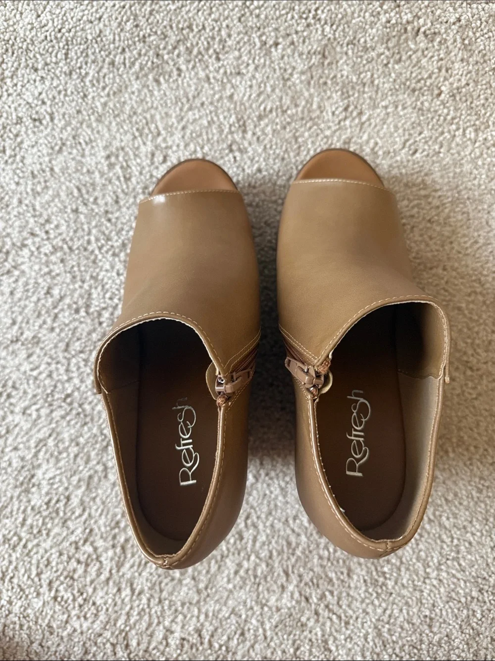 Refresh Tan Brown Peep-Toe Wedge Booties